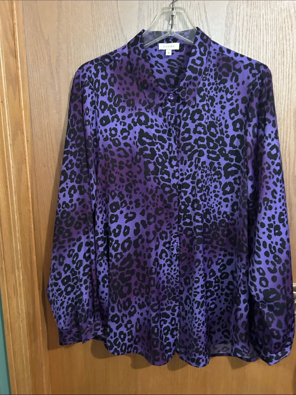 LAURA Purple Leopard Print Satin Button-Up Blouse